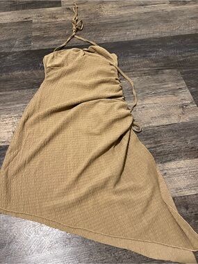 Halter Neck Ruched Side Midi Dress - Tan